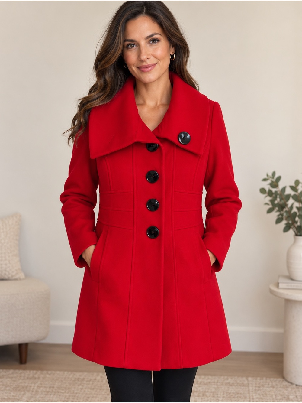 Bright Red Wool-Blend Pea Coat with Wide Collar